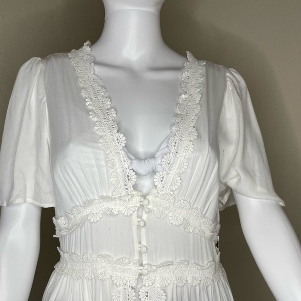 Lulus Bay Breeze White Semi Sheer Short Sleeve Long Flowy Cover Up V Neck XS - Picture 3 of 10